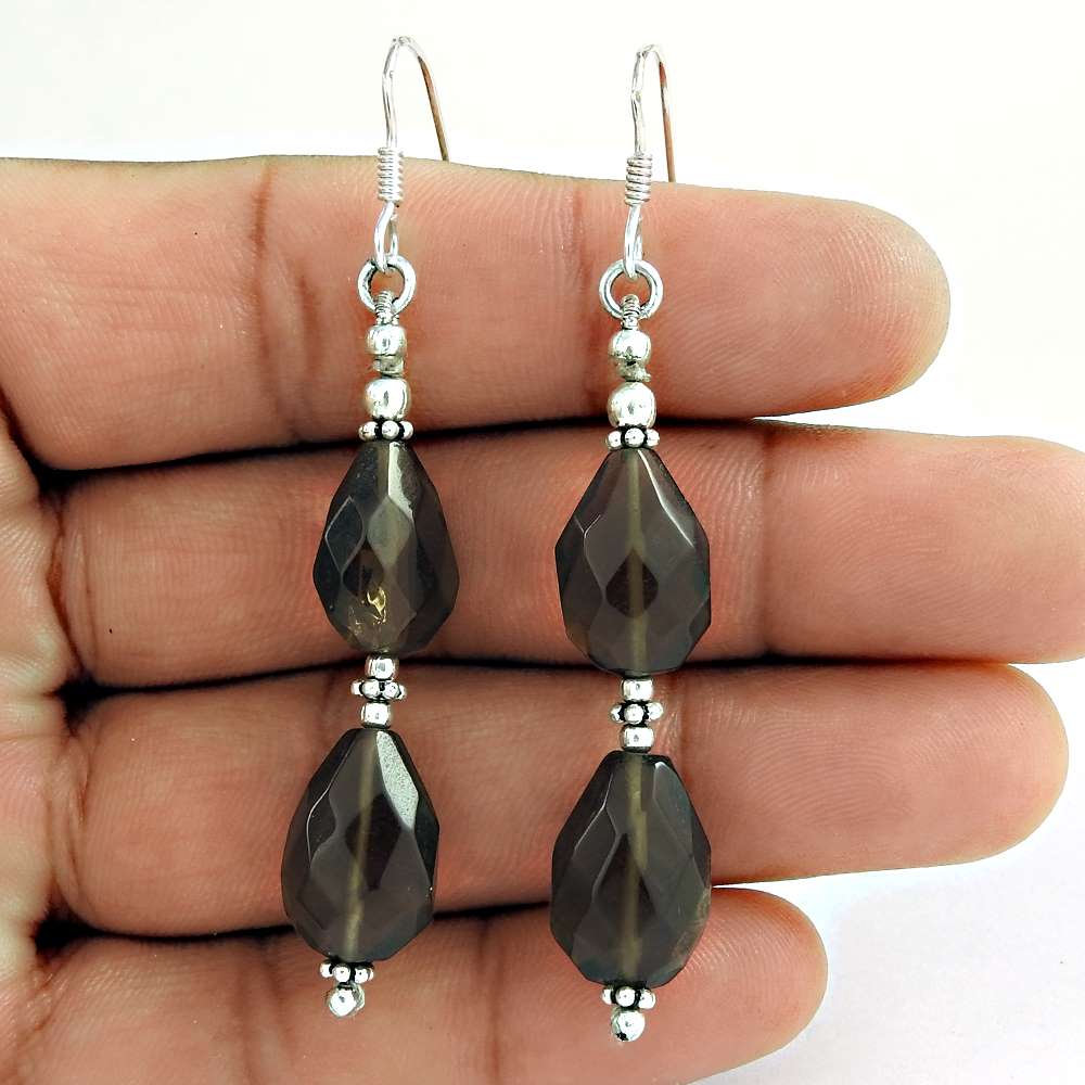 Gift For Her 925 Silver Natural Smoky Quartz Dangle Bohemian Earrings U59