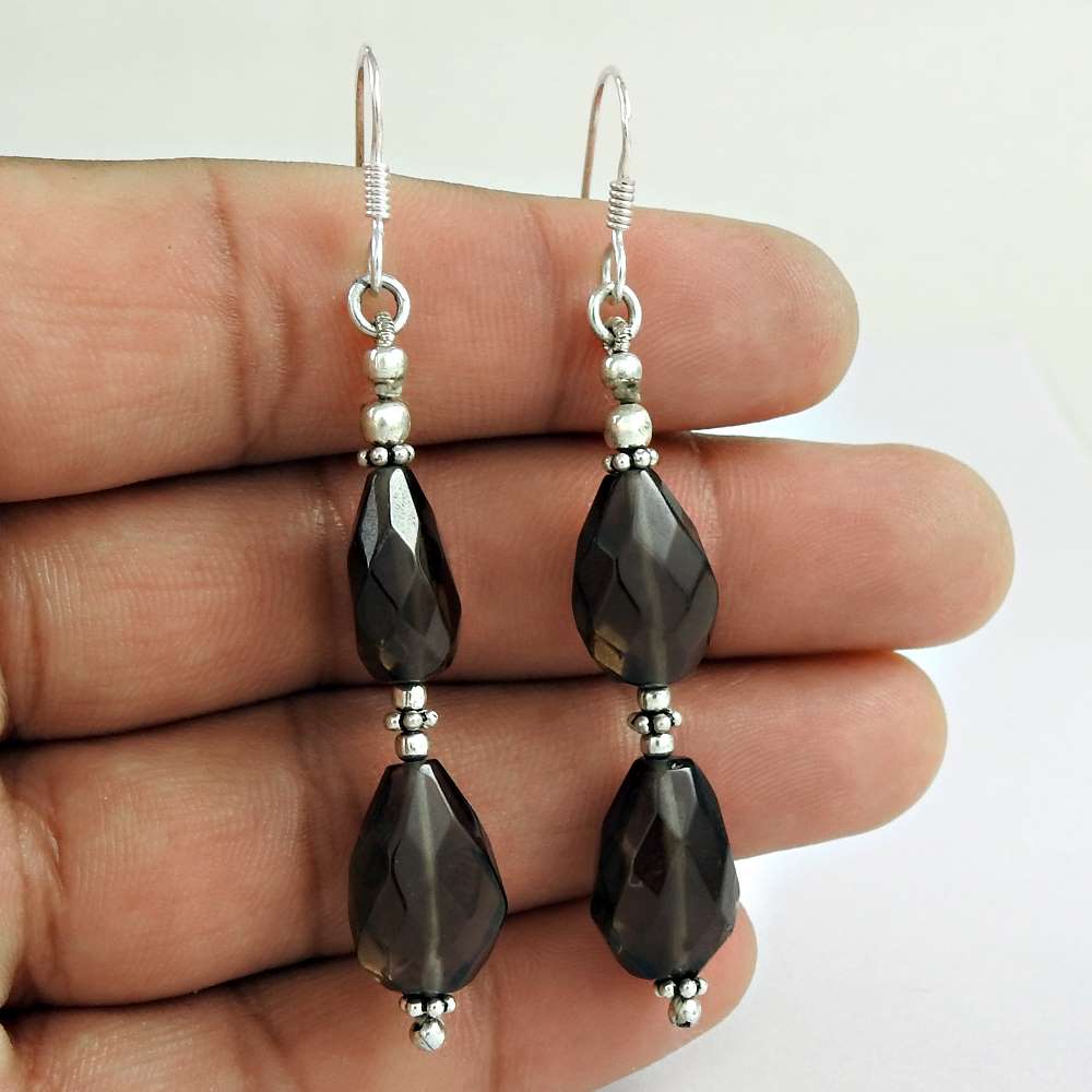 Natural Smoky Quartz Gemstone Dangle Boho Brown Earrings 925 Silver V59