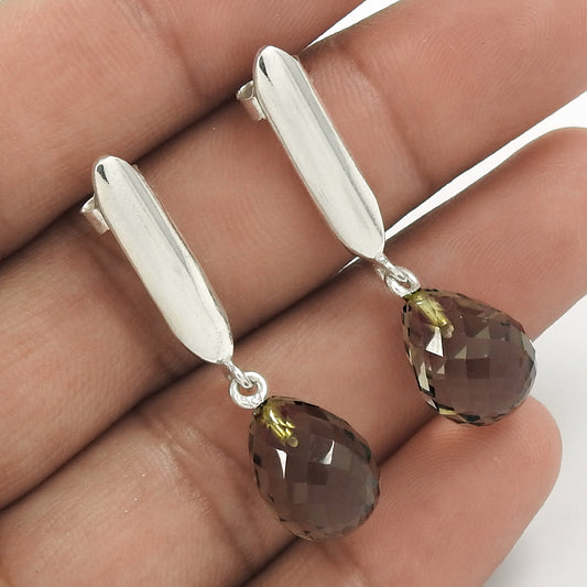 Natural Smoky Quartz Gemstone Drop/Dangle Bohemian Earrings 925 Silver P18