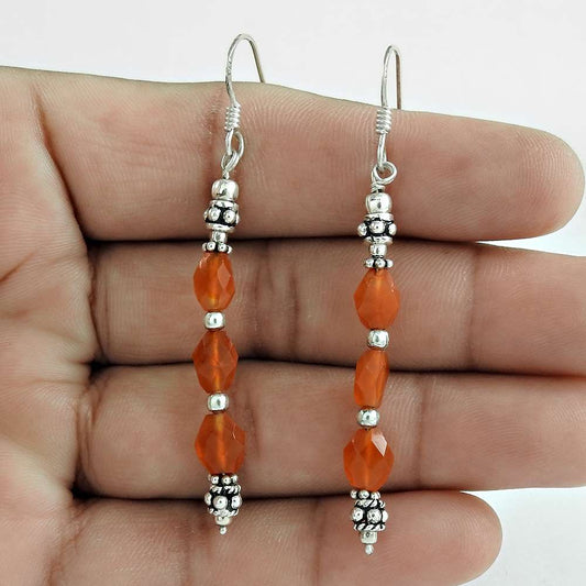 Natural Carnelian Gemstone Dangle Ethnic Earrings 925 Silver For Girls W59
