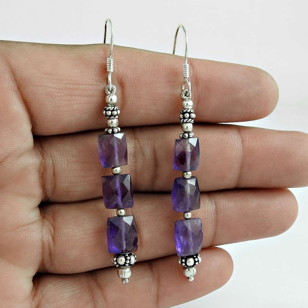 Natural Amethyst Gemstone Dangle Vintage Earrings 925 Silver For Girls Y59
