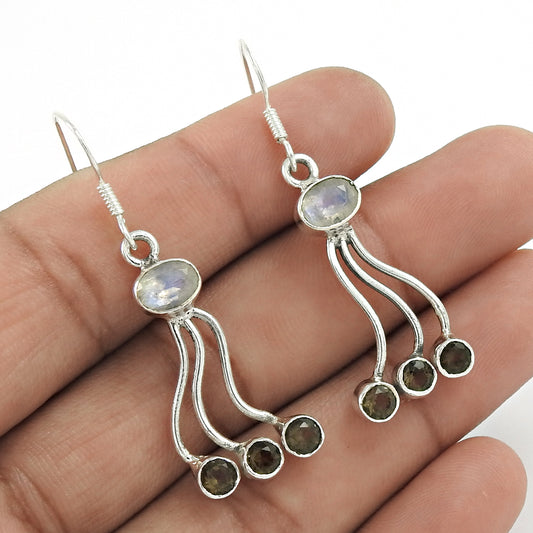 Natural Rainbow Moonstone 925 Silver Boho Christmas Gift Earrings For Girls Q3