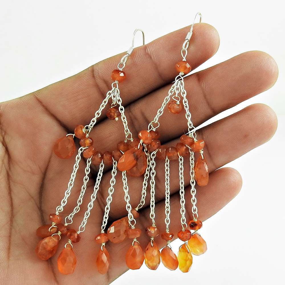 Natural Carnelian Gemstone Dangle Vintage Earrings 925 Sterling Silver C60