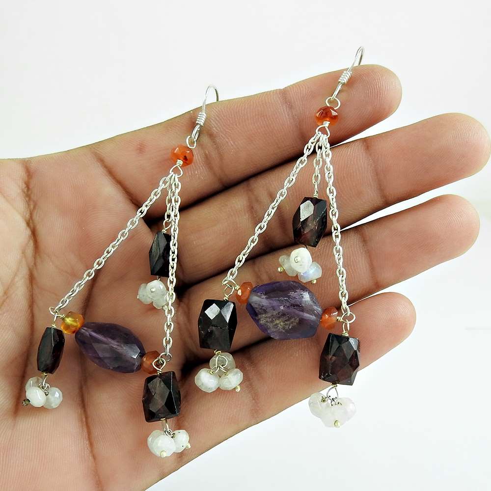 Gift For Her 925 Silver Natural Amethyst Dangle Bohemian Earrings E60