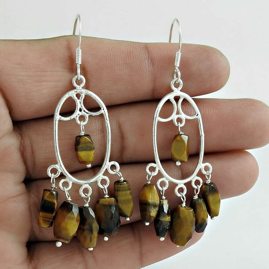 Natural Tiger'S Eye Gemstone Dangle Boho Brown Earrings 925 Silver P5