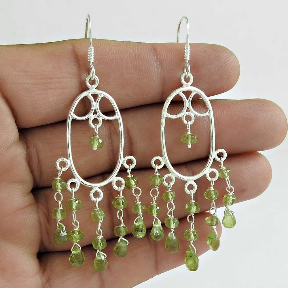 Gift For Her 925 Silver Natural Peridot Gemstone Dangle Ethnic Earrings H60