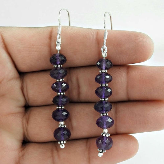 Gift For Women Dangle Bohemian Earrings 925 Silver Natural Amethyst T60