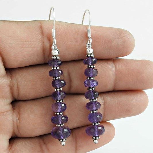 Gift For Her 925 Silver Natural Amethyst Dangle Vintage Earrings V60