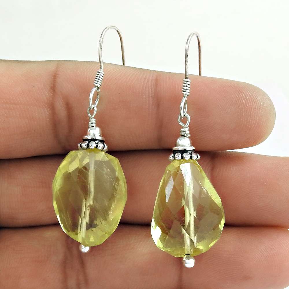 Natural Lemon Quartz 925 Silver Dangle Tribal Earrings For Girls Z60