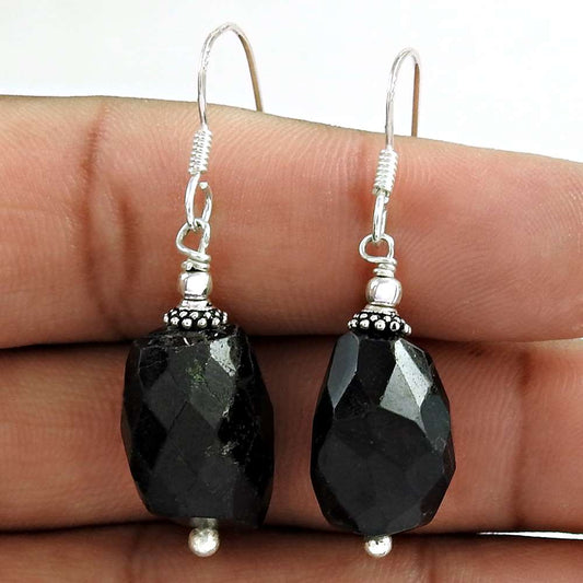 Natural Black Onyx Gemstone 925 Silver Dangle Boho Earrings For Women A61