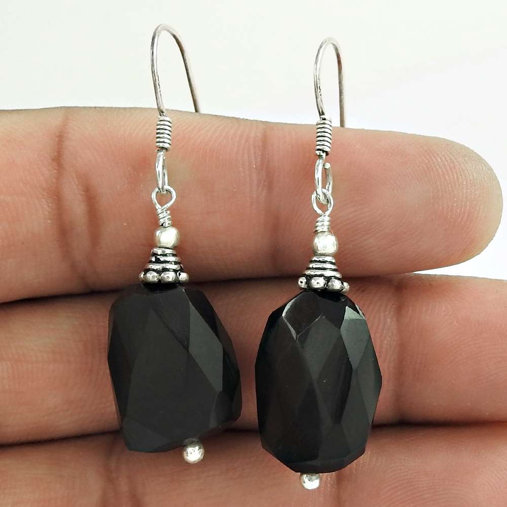 Gift For Women Dangle Ethnic Earrings 925 Silver Natural Black Onyx B61