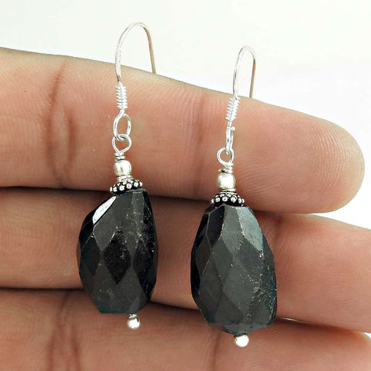 Gift For Her Natural Black Onyx Dangle Bohemian Earrings 925 Silver D61