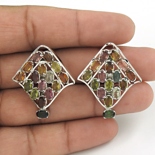 Natural Tourmaline Gemstone 925 Sterling Silver Stud Christmas Gift Earrings W7