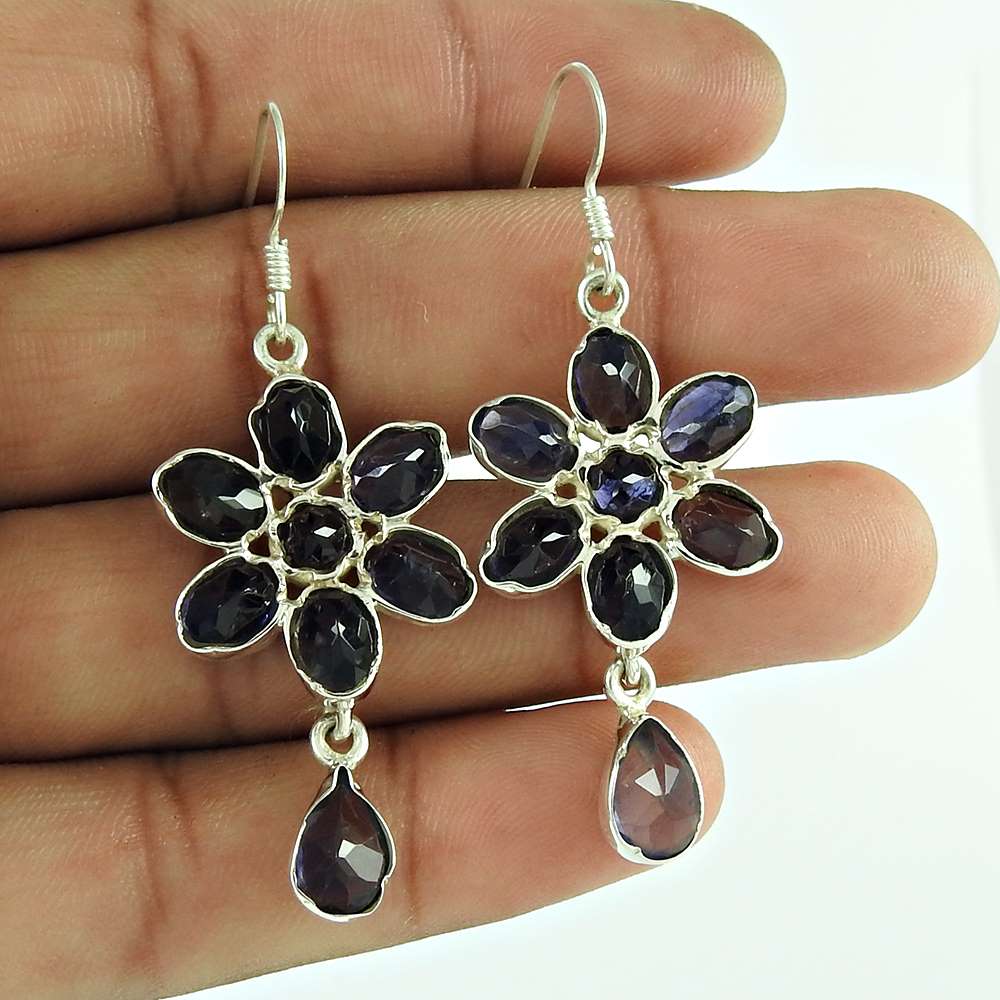 Birthday Gift For Her Natural Iolite Dangle Ethnic Earrings 925 Silver R61