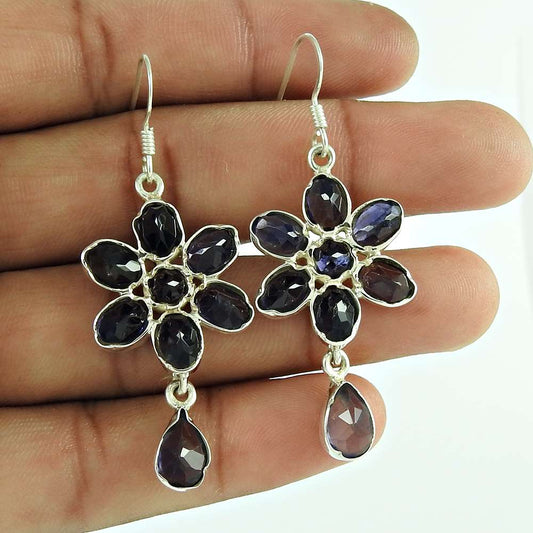 Birthday Gift For Her Natural Iolite Dangle Ethnic Earrings 925 Silver R61