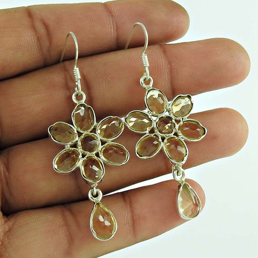 Gift For Her Natural Citrine Dangle Vintage Earrings 925 Silver W61