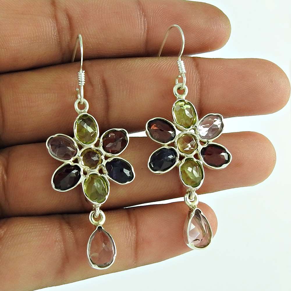 Natural Amethyst Gemstone Dangle Tribal Purple Earrings 925 Silver X61