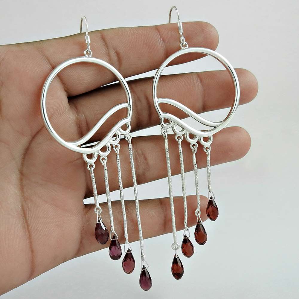Natural Garnet Gemstone Dangle Bohemian Earrings 925 Silver For Women J62