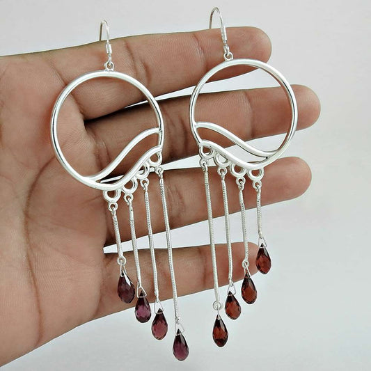 Natural Garnet Gemstone Dangle Bohemian Earrings 925 Silver For Women J62