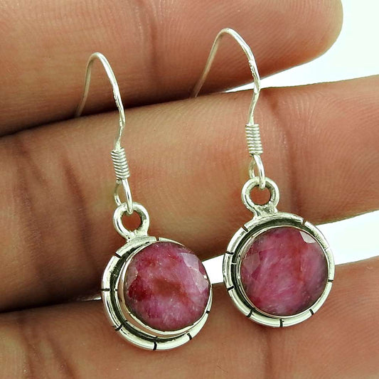 Natural Ruby Gemstone Dangle Vintage Earrings 925 Silver For Women N62