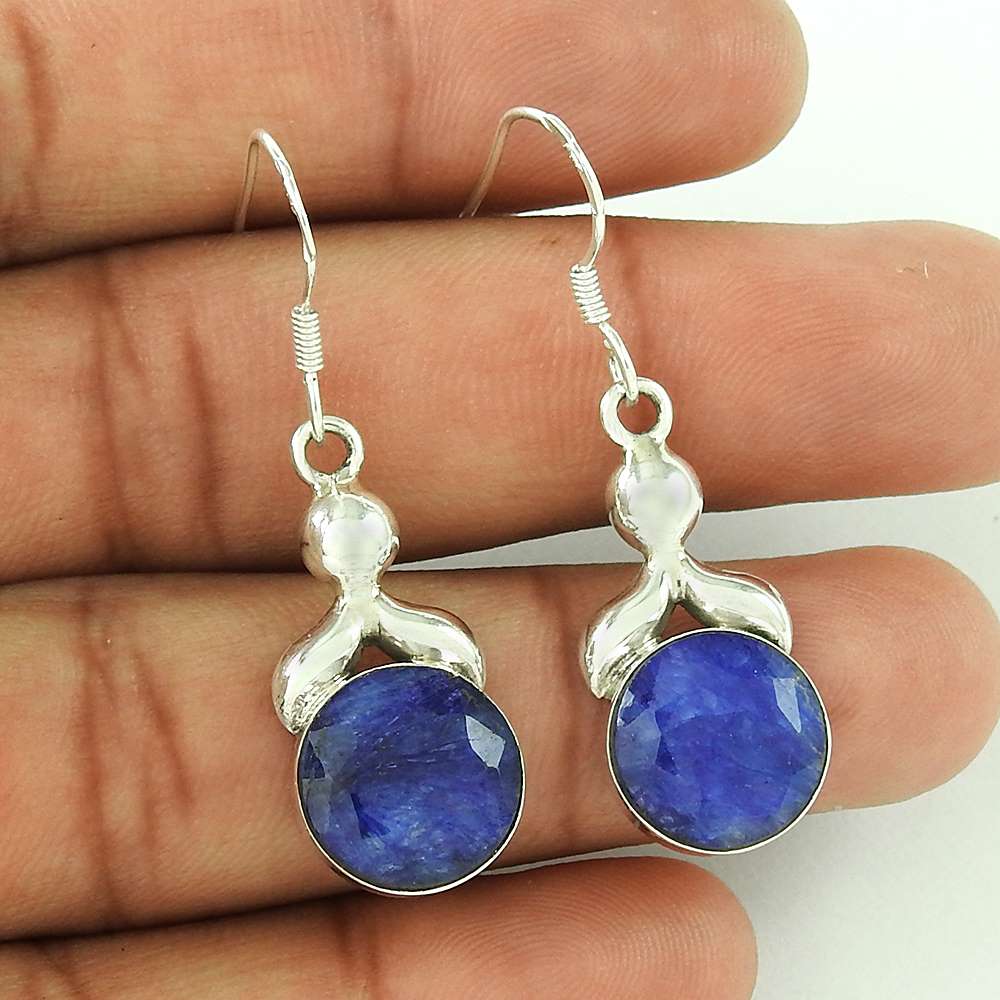 Gift For Women Dangle Vintage Earrings 925 Silver Natural Sapphire Q2