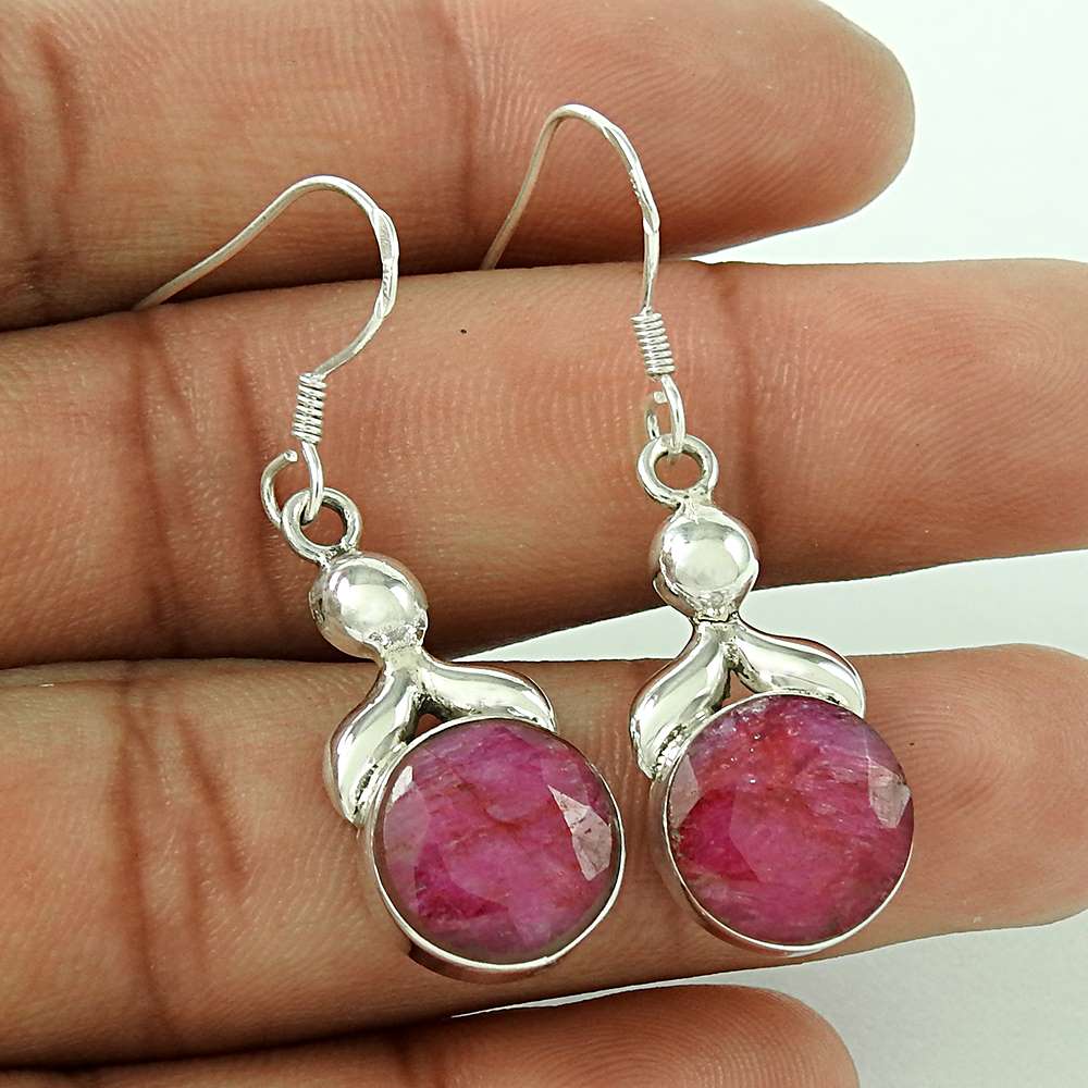 Natural Ruby Gemstone 925 Silver Dangle Tribal Earrings For Women Y8