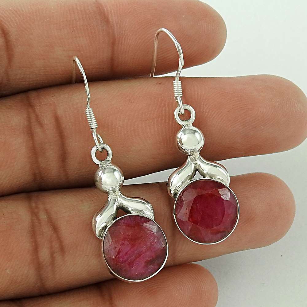 Natural Ruby Gemstone 925 Silver Dangle Boho Earrings For Girls R62