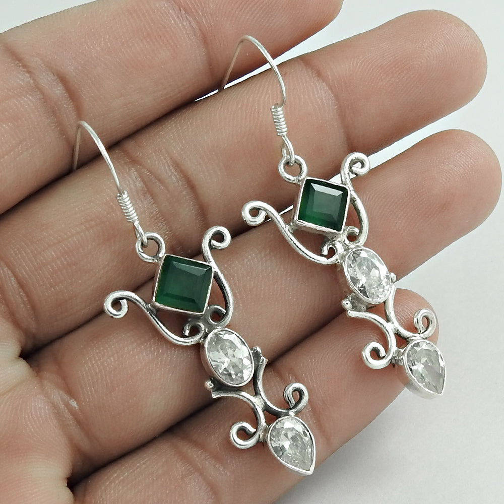 Natural Onyx Gemstone Drop/Dangle Ethnic Green Earrings 925 Sterling Silver V18