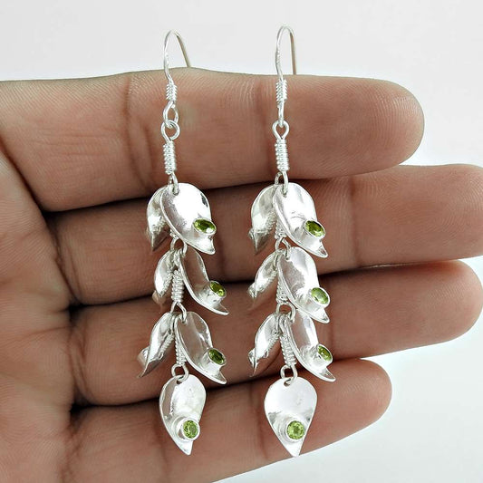 Natural Peridot Gemstone Dangle Bohemian Green Earrings 925 Silver A63