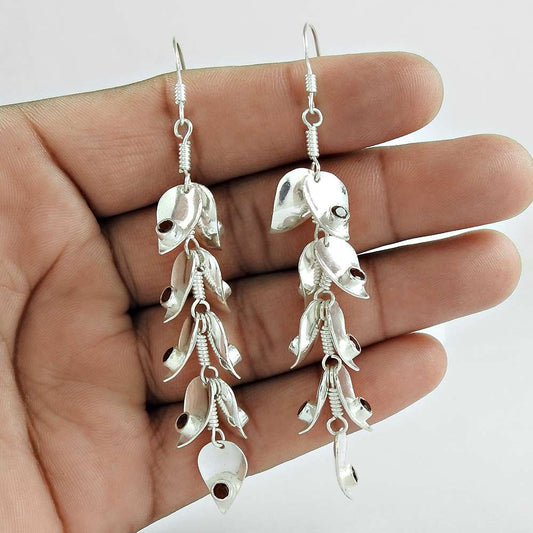 Wedding Gift For Her 925 Silver Natural Garnet Dangle Vintage Earrings I63