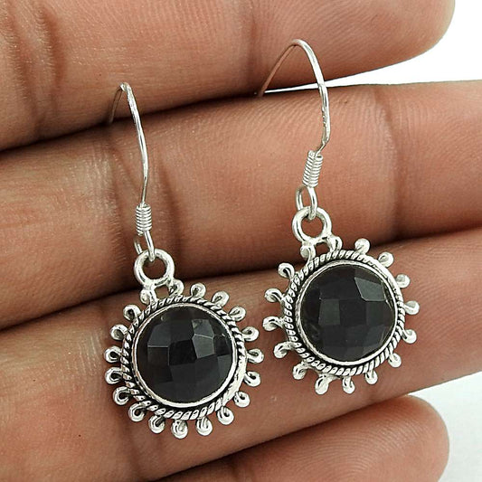 Natural Black Onyx Dangle Vintage Earrings 925 Silver For Women M63