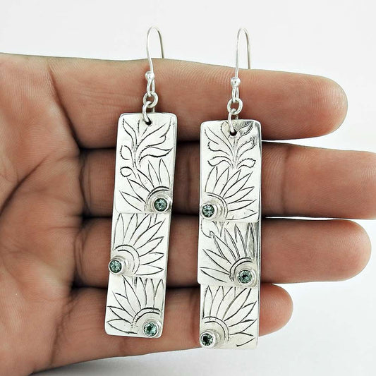 Natural Topaz Gemstone 925 Silver Dangle Tribal Earrings For Girls T63