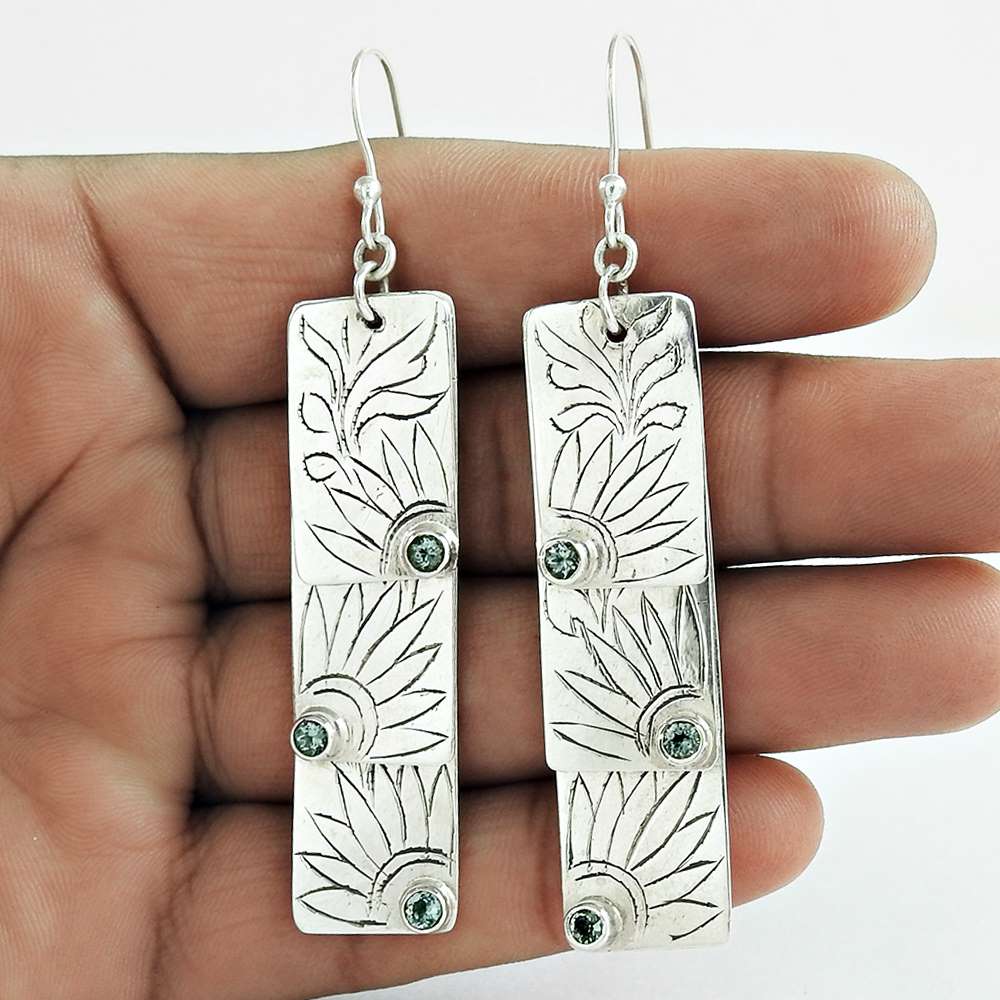 Natural Topaz Gemstone 925 Silver Dangle Tribal Earrings For Women V63