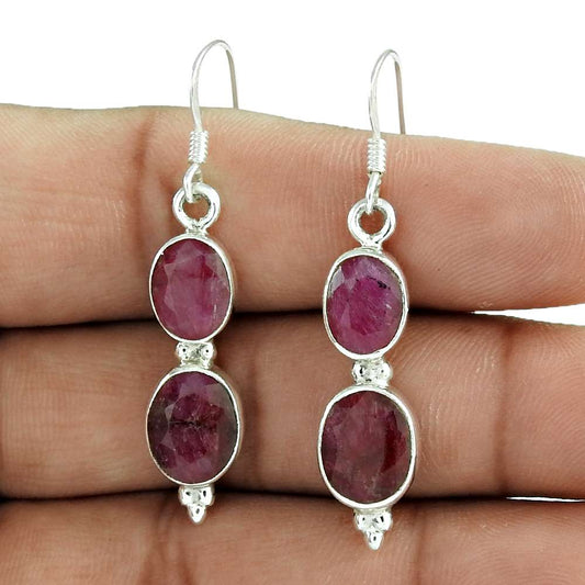 Natural Ruby Gemstone 925 Silver Dangle Ethnic Earrings For Girls E64