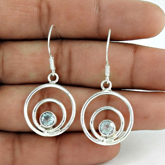 Natural Topaz Gemstone Dangle Ethnic Aqua Earrings 925 Sterling Silver W64