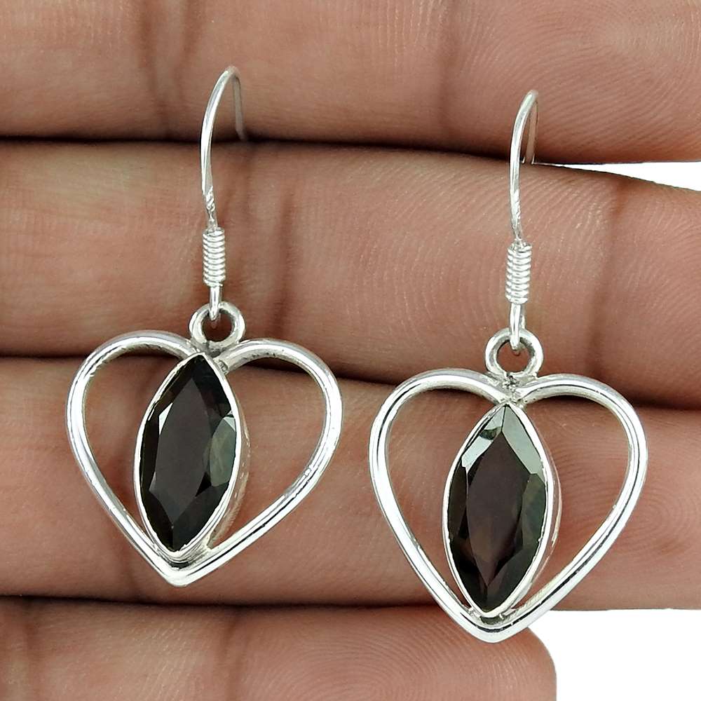 Natural Smoky Quartz Gemstone Dangle Tribal Earrings 925 Silver X64