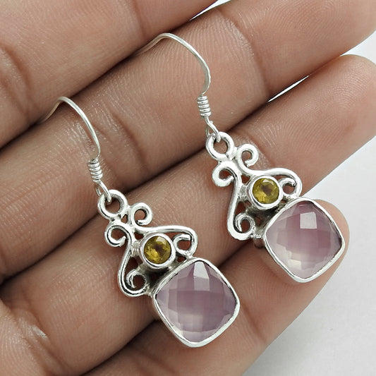 Christmas Gift Rose Quartz Gemstone Drop/Dangle Earrings 925 Sterling Silver M10