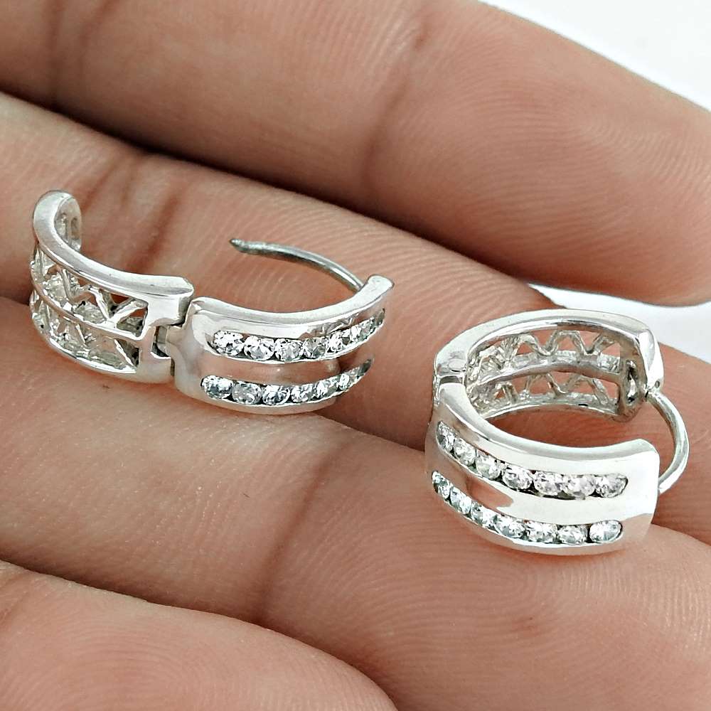 Woman Gift Natural Cubic Zirconia Hoop Earrings 925 Sterling Silver L10