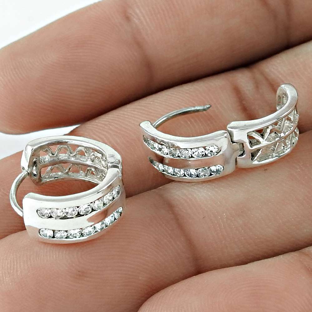 Natural Cubic Zirconia Gemstone Hoop Earrings 925 Sterling Silver Jewelry P10