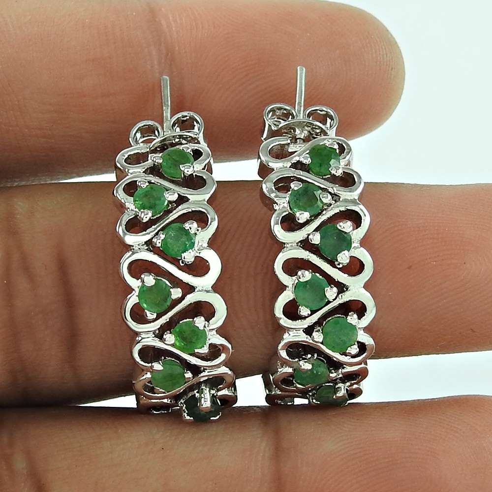 Natural Emerald Gemstone Dangle Boho Earrings 925 Silver For Girls S33