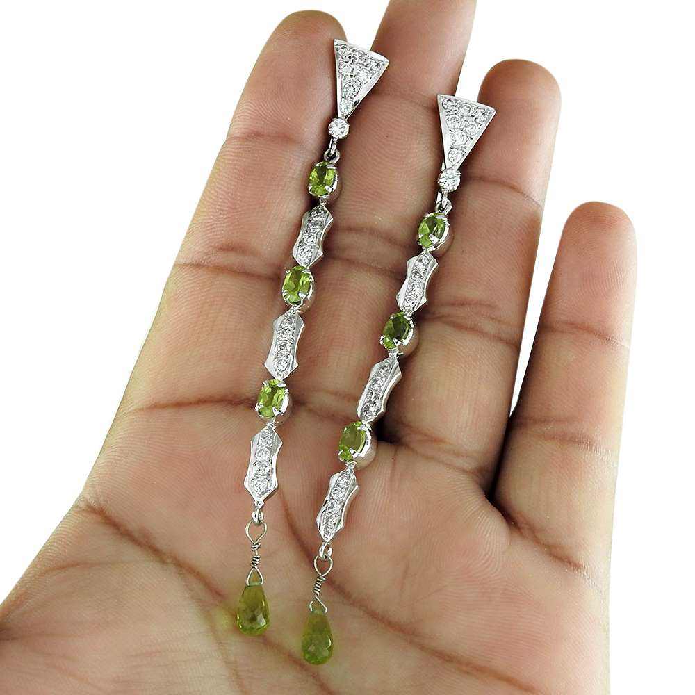 Natural Peridot Gemstone 925 Silver Dangle Boho Earrings For Women X67