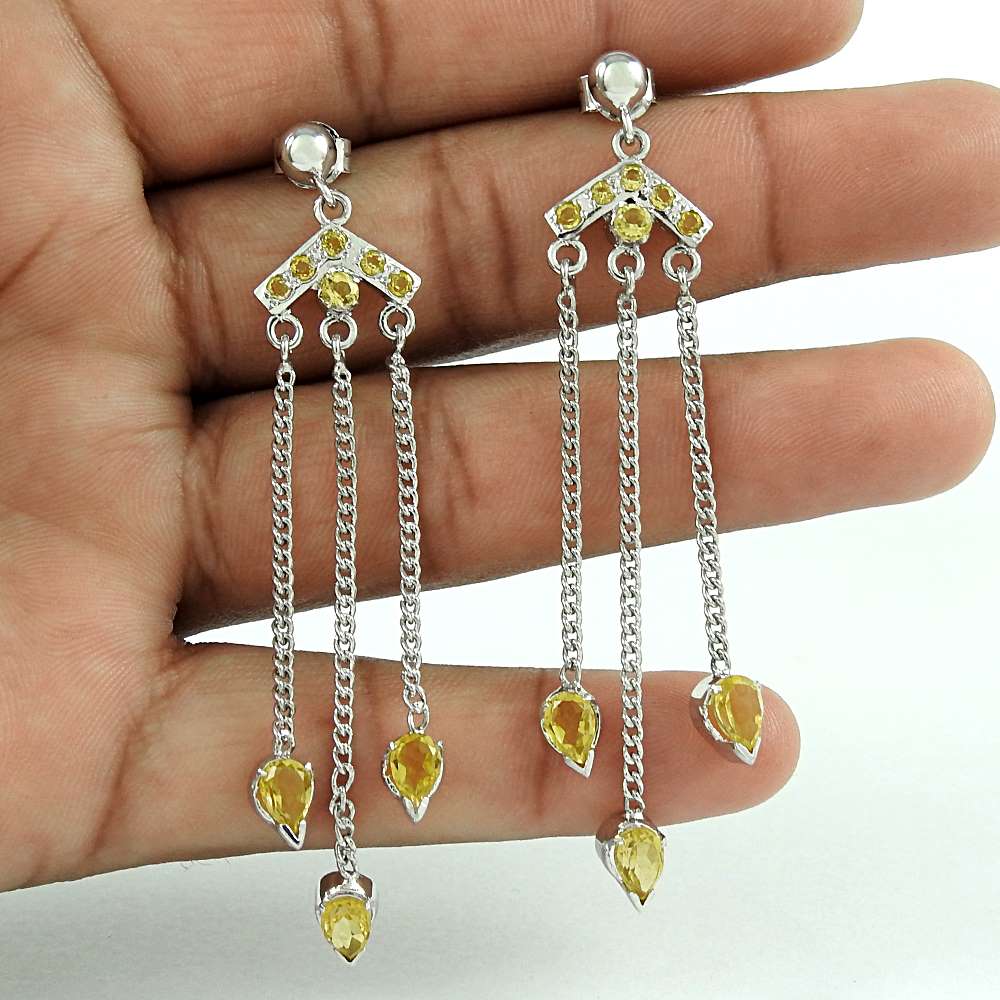Natural Citrine Gemstone 925 Silver Dangle Vintage Earrings For Women A68