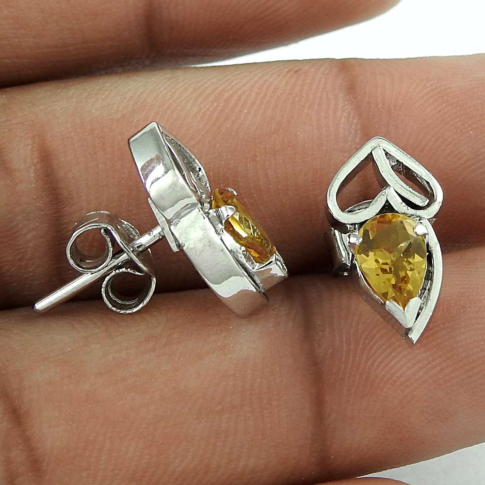 Natural Citrine Gemstone Stud Bohemian Earrings 925 Silver For Girls D68