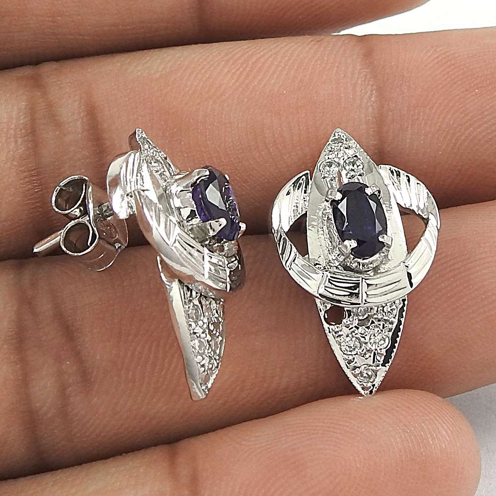 Natural Amethyst Gemstone Stud Tribal Earrings 925 Sterling Silver For Girls I68