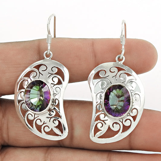Gift For Her 925 Silver Natural Mystic Topaz Drop/Dangle Ethnic Earrings B5