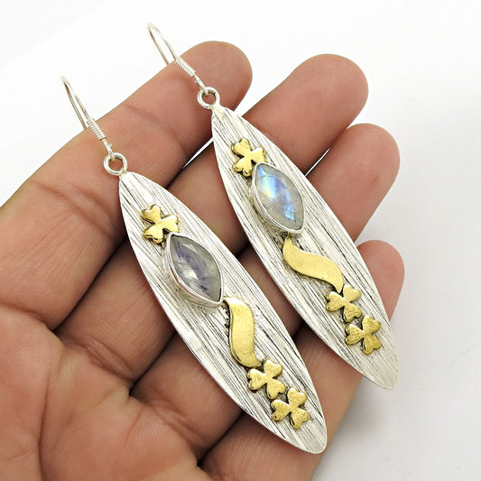Natural Rainbow Moonstone Gold Plated Christmas Gift Earrings 925 Silver F8