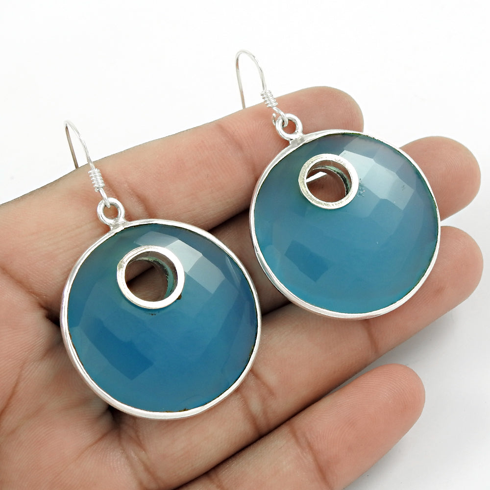 Natural Chalcedony Gemstone Drop/Dangle Boho Earrings 925 Silver For Women N1