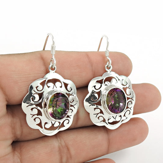 Natural Mystic Topaz Drop/Dangle Tribal Earrings 925 Silver For Girls K19