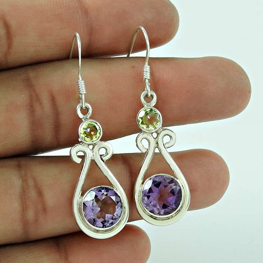 925 Sterling Silver Indian Jewellery Charming Amethyst & Green Amethyst Gemstone Earrings