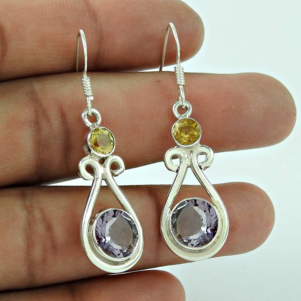 925 Sterling Silver Vintage Jewellery Traditional Amethyst & Citrine Gemstone Earrings